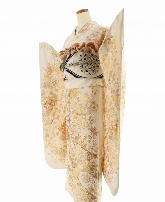 参列振袖[キレイ系]白にベージュゴールド藤色の花と毬[身長170cmまで]No.1099